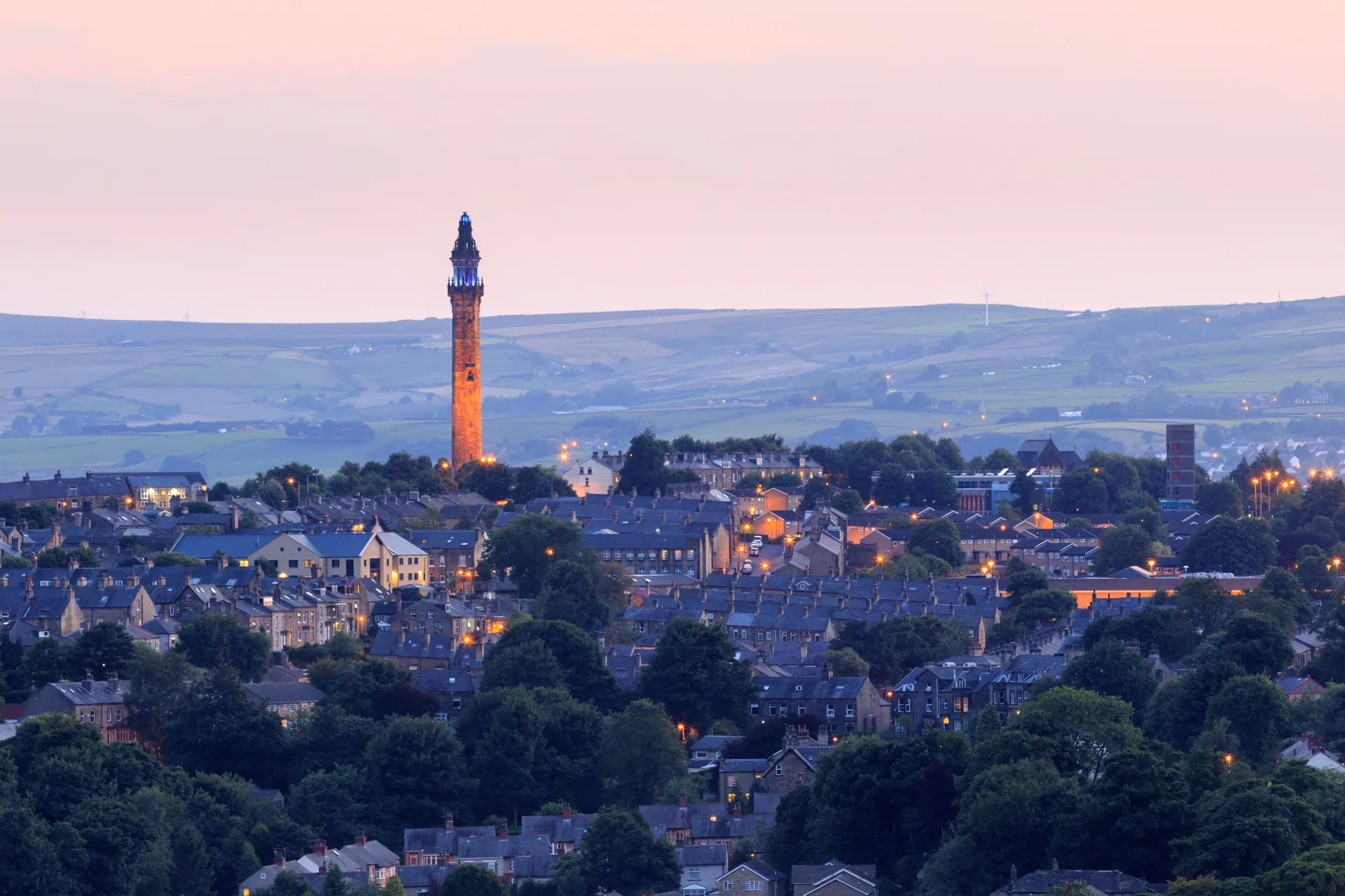 Wainhouse Tower above Halifax and the Calderdale valley at dusk